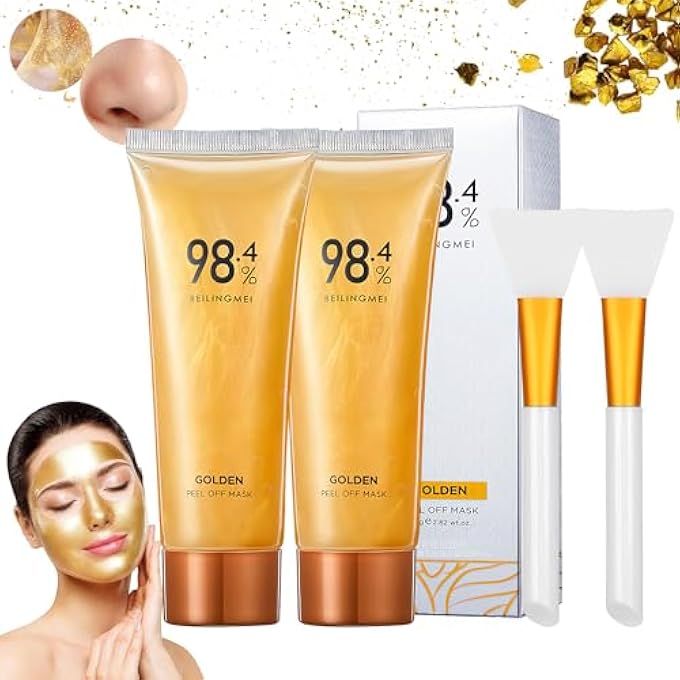 Rednow GOLD FOIL PEEL-OFF MASK,GOLD PEEL OFF FACE MASK ANTI-WRINKLE,98.4% GOLDEN PEEL OFF MASK,ANTI-AGING GOLD FACE MASK FOR MOISTURIZING,REMOVES BLACKHEADS,REDUCES FINE LINES,CLEANS PORES(2PCS) - Image 1